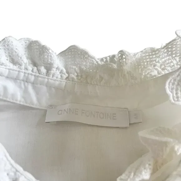 Anne Fontaine White 3/4 Bell Sleeve Embroidered Lace Ruffle Collar Blouse Sz 10 - Picture 2 of 10